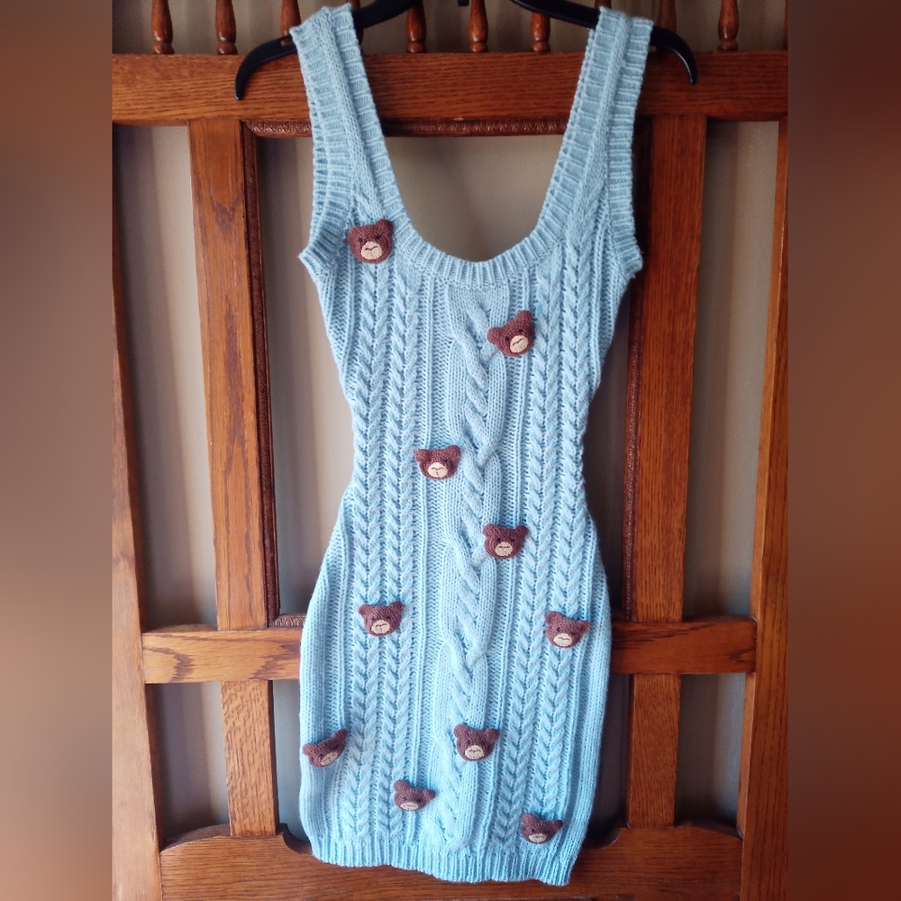 Blue knit teddy bear bodycon dress
